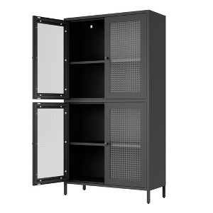 Gulches Classic Metal Storage Cabinet with 4 Waffle Grids Tempered Glass Doors & Adjustable Shelves - Anti-Tipping Display Cabinet for Home Office - 1 of 4