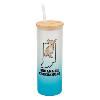 Elanze Designs The Hoosier State Indiana Loves Chihuahuas Sky Blue and White Ombre Frosted Glass Travel Tumbler with Straw and Wooden Lid, 25 Ounce