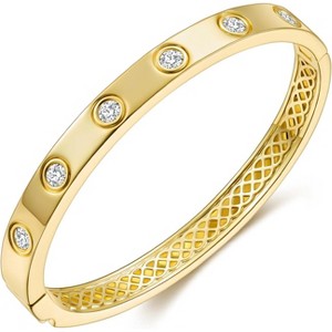 14K Gold Plated Moissanite Bangle, D Color VVS1 3EX Round Stones in Hollow Infinity Knot Design, High Polish - 1 of 4