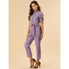 INSPIRE CHIC Women's Short Sleeve Collared Solid Color Button Down Tie Waist Cargo Jumpsuit - 3 of 4