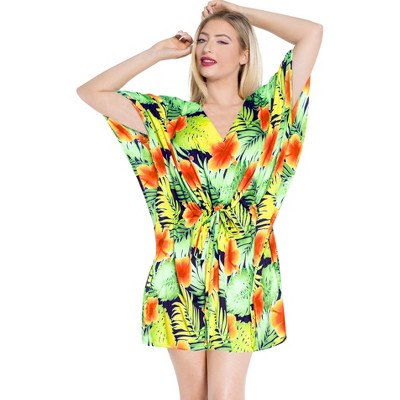 LA LEELA Women's Summer Plus Size Party Vacation Mini Beachwear Holiday Beach Dress Swim Suit Dress Bathing Suit Cover Ups 3X-4X Orange, Floral