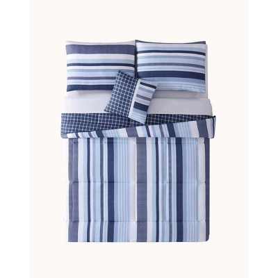 Blue Striped Twin Microfiber Reversible Comforter Set