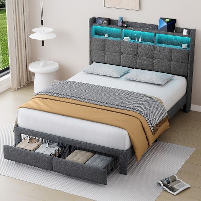 NicBex Full/Queen/King Upholstered Bed Frame with Storage Headboard and 2 Drawers,Platform Bed Frame with LED Light,Charging Station,Easy Assembly