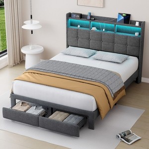 NicBex Full/Queen/King Upholstered Bed Frame with Storage Headboard and 2 Drawers,Platform Bed Frame with LED Light,Charging Station,Easy Assembly - 1 of 4