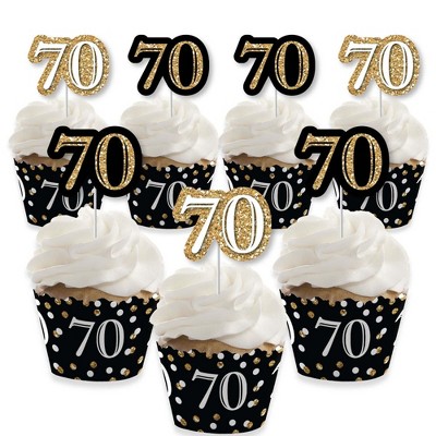 Big Dot of Happiness Adult 70th Birthday - Gold - Cupcake Decoration - Birthday Party Cupcake Wrappers and Treat Picks Kit - Set of 24