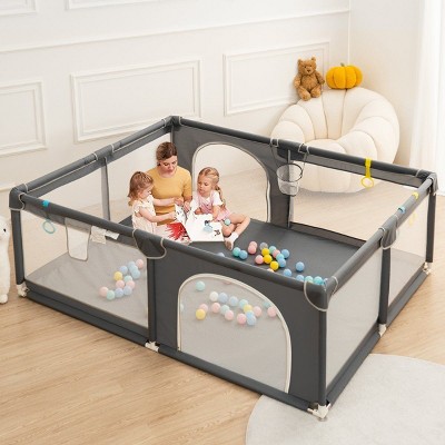 GOTGELIF 79"x79" 4-Panel Baby Playpen Spacious & Secure Foldable Playard Gray