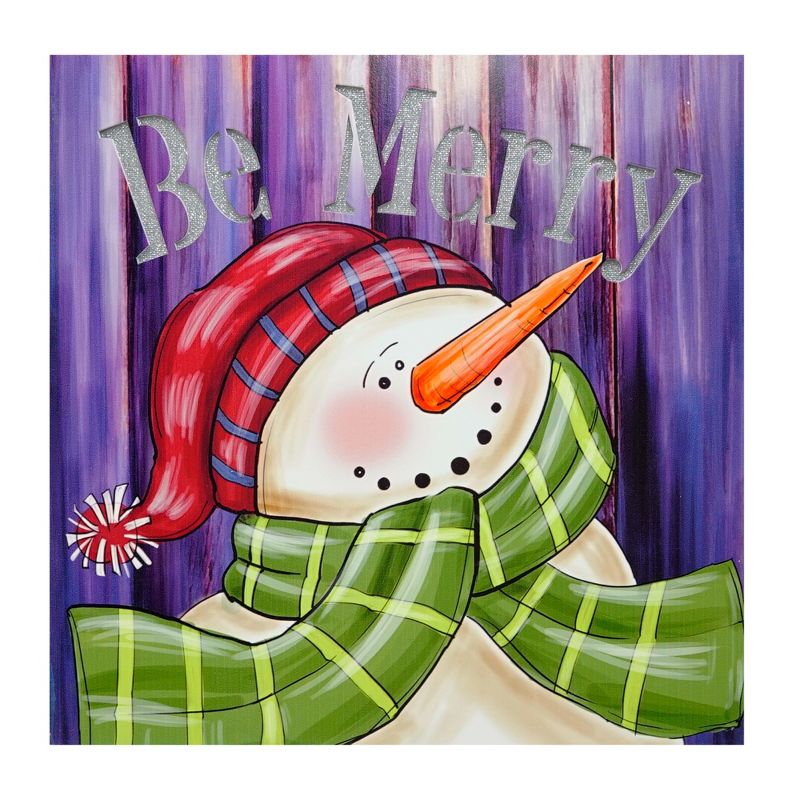 Northlight LED Lighted "Be Merry" Smiling Snowman Christmas Canvas Wall Art 11.75" x 11.75", 1 of 4