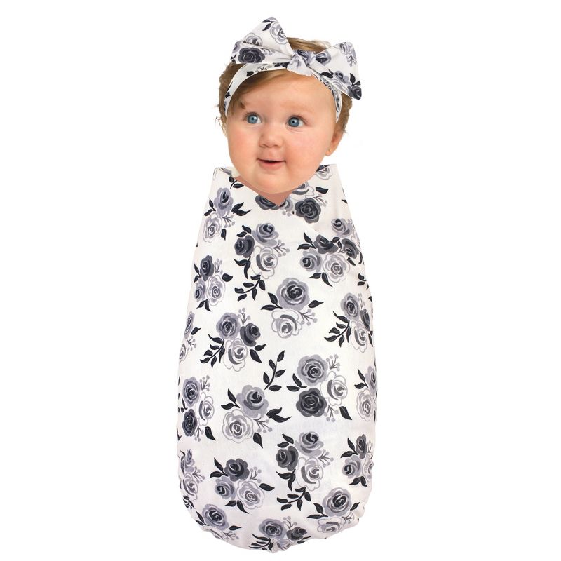 Touched by Nature Baby Girl Organic Cotton Swaddle Blanket and Headband or Cap, Black Floral, One Size, 3 of 6