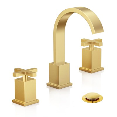 Phiestina Brushed Gold Waterfall Bathroom Faucet, Widespread 3 Hole 8-Inch Modern Faucet with Pop Up Drain, Lead-Free