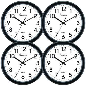 Impecca 14 Inch Sweep Movement Wall Clock, Black, 4-Pack