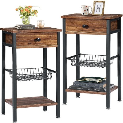VECELO Set of 2 27”Tall End Table Industrial Style Nightstands with Drawer/Shelf for Living Room, Bedroom, Kitchen, Bathroom, Brown