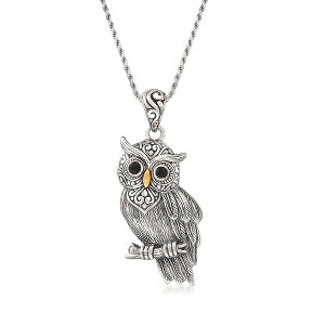 Ross-Simons Sterling Silver Owl Pendant Necklace With Black Onyx and 18kt Gold Over Sterling Size - 1 of 3