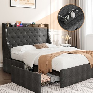 Bed Frame with 4 Storage Drawers and Storage Headboard, Charging Station with Type-C & USB Ports, No Box Spring Needed - 1 of 4
