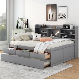 NicBex Full Size Platform Bed Modern Pine Bed Frame with Trundle, Open Storage Bookshelves and 3 Drawers for Bedroom, No Box Spring Required - 1 of 4