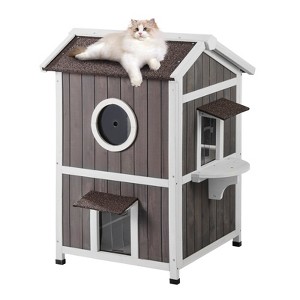 VEVOR Outdoor Cat House Weatherproof, Feral Cat Shelter for Multiple Cats, 2-story Large Outdoor Wooden Cat House with Doors, 23"L x 26"W x 36"H - 1 of 4