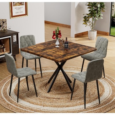 38.60"Square Dining Table Set, Mid Century Modern Square Dining Table for 4 Person, Faux Marble Tabletop, Iron Legs,Brown+Gray