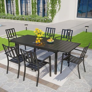 Captiva Designs 7pc Patio Slat-top Rectangle Dining Steel Table & Armrest Metal Chairs - 1 of 4