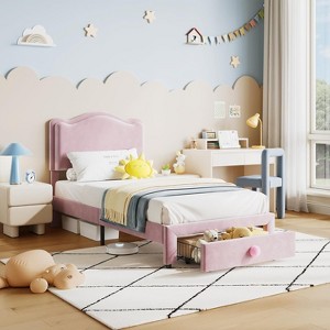 Upholstered Twin Bed Frame with Storage Drawer & Scallop Headboard, Princess Platform Bed Frames for Kids Girls, Wooden Slats Support - 1 of 4
