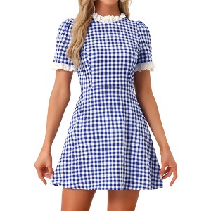 Allegra K Women's Summer Ruffle Neck Lace Panel Short Sleeve Check Gingham Dress - 1 of 4