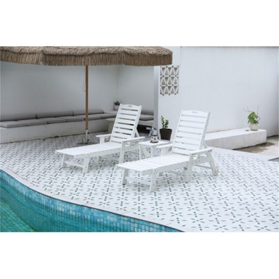 SKRAN Lounge Chair with Side Table,Set of 3 All Weather Chaise Lounge Chair Set with 5 Positions,Wheels & Cup Holder(White,2 Lounge chairs+1 Table)