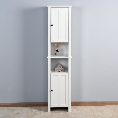 Bathroom Floor Cabinet Freestanding 2 Doors With Adjustable Shelves Wood Storage Organizer Cabinet