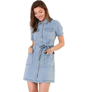 Allegra K Women's Jean Casual Collared Belted Button Down Denim Shirt Dress - 1 of 4