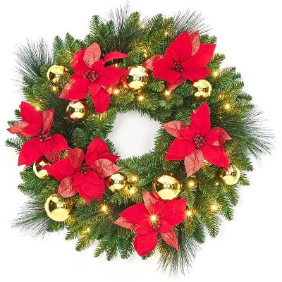 Pre-Lit Frosted Christmas Wreath Set of 6, Christmas Decoration with Pine Cones, Holly Berries