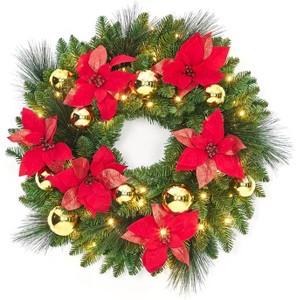 Pre-Lit Frosted Christmas Wreath Set of 6, Christmas Decoration with Pine Cones, Holly Berries - 1 of 4