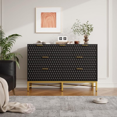 White 7-Drawer Dresser with Honeycomb Panels and Gold Metal Frame