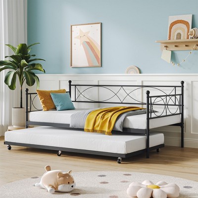 Twin Daybed with Trundle Metal Day Bed with Pull Out Trundle Twin Trundle Bed Frame with Premium Steel Slat Support Multifunctional Platform Beds