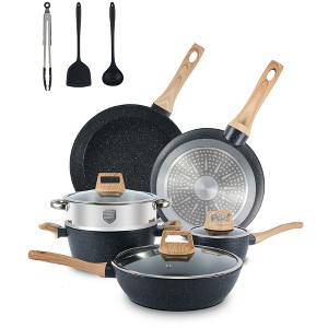 SKONYON Premium 12-Piece 3-Layer Nonstick Die-Cast Cookware Set with Glass Lids and Wood-Handle - 1 of 4