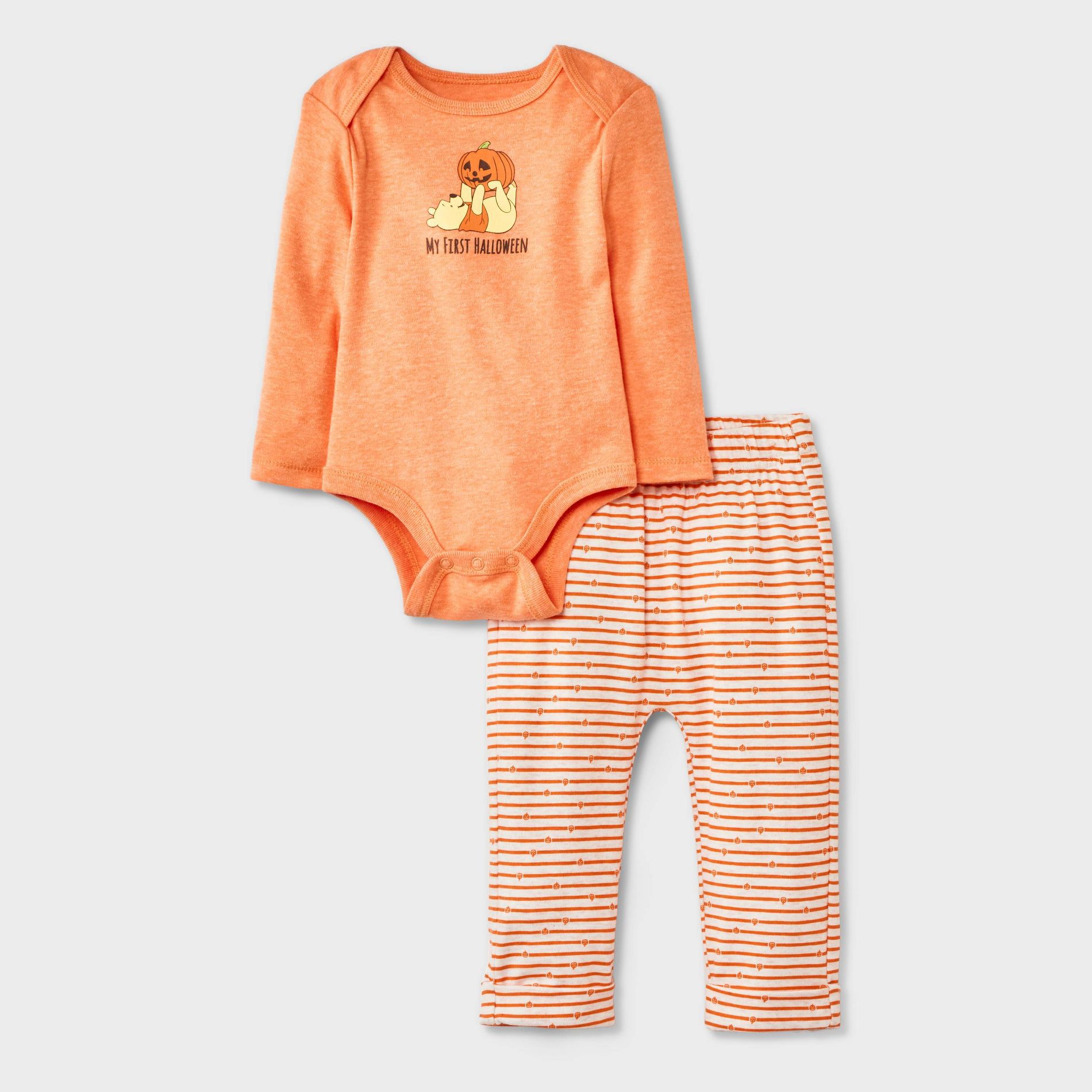 Baby 2pc Disney Winnie The Pooh Pumpkin My First Halloween Long Sleeve Bodysuit & Bottom Set - Orange 6-9M