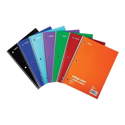 Staples 1-Subject Notebook 8" x 10.5" College Ruled 70 Sh. Assorted 1485056