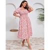 Womens Puff Sleeve Summer Floral Dress Plus Size Smocked Ruffle Square Neck Casual Dress Cute Midi Dress Pink2 Flower 3XL - 3 of 4
