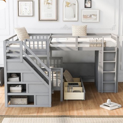 Grungis Twin Over Full L-Shaped Loft Bed with 3 Drawers and Portable Desk,Bunk Bed with Ladder and Wardrobe,Loft and Bunk Bed for Bedroom