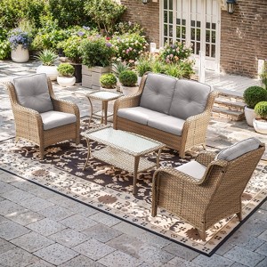 Gymojoy 5 Piece Outdoor Wicker Loveseat Sofa with Patio Chairs with Coffee Table and Side Table - 1 of 4
