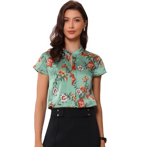 INSPIRE CHIC Women's Satin Stand Collar Work Cap Sleeve Floral Blouse - 1 of 4
