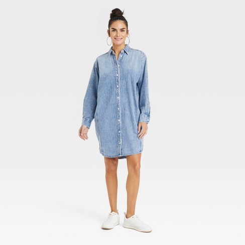 Nicole long sleeve button front denim mini shirt dress sale