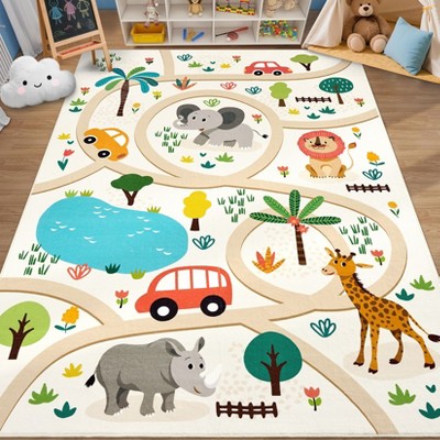 Kids Play Mat Washable Kids Area Rug for Playroom with Non-Slip Backing, Stain-Resistant Educational Low Pile Floor Carpet for Children Nursery