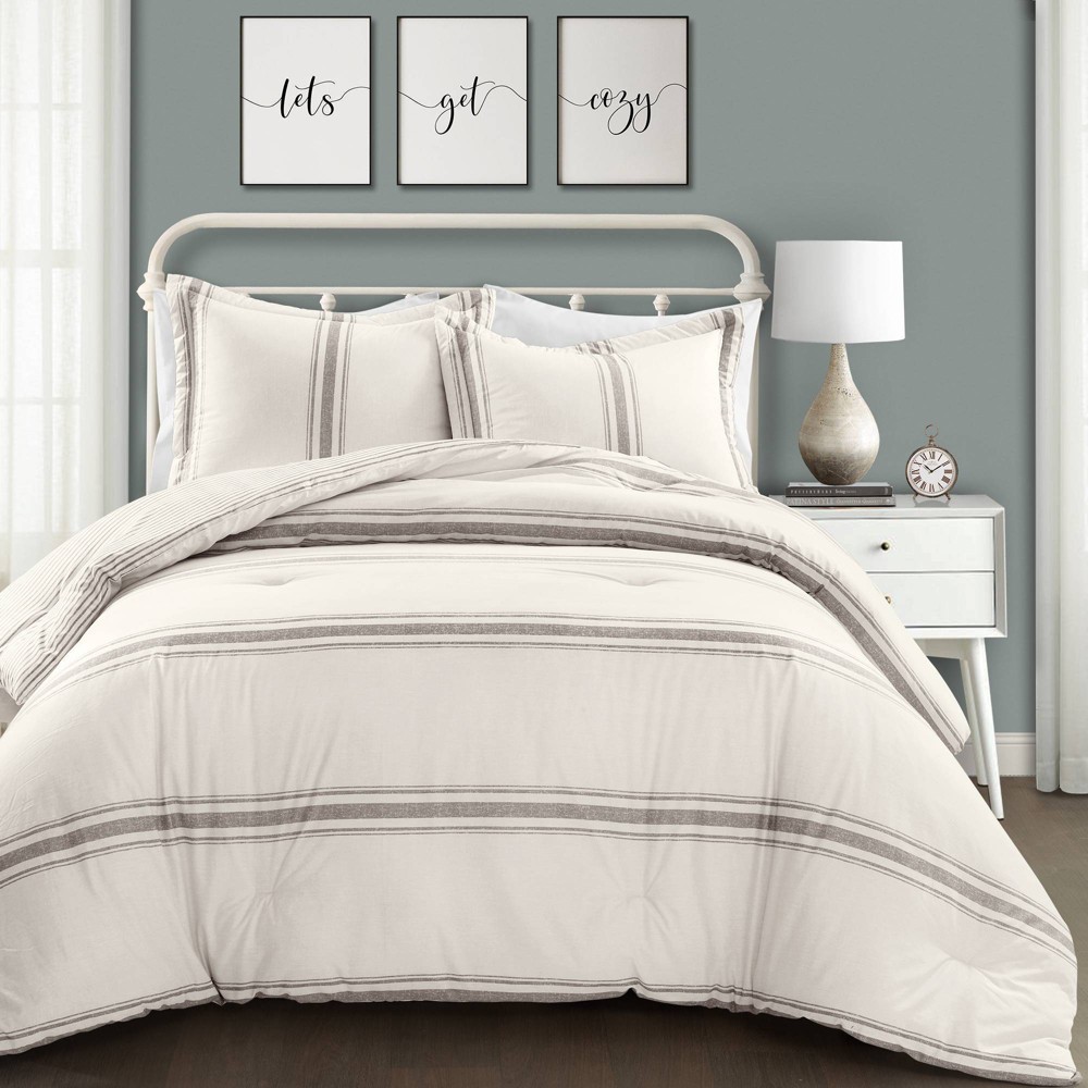 Photos - Duvet 3pc King Farmhouse Stripe Reversible Cotton Comforter & Sham Set Gray - Lu