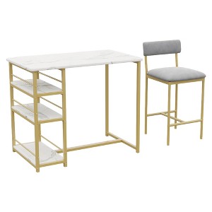 Dining Table Set for 2 with Chairs, Small Kitchen Table and 2 Upholstered Bar Stools, Storage Shelves, Space-Saving Furniture - 1 of 4