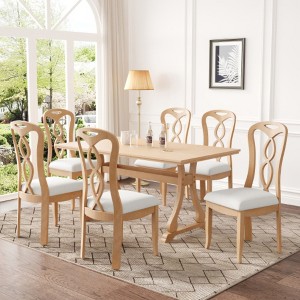 7-Piece Trestle Dining Table Set with Upholstered Dining Chairs, Smooth Dining Backs for Dining Room, Living Room, Kitchen, Natural - 1 of 3