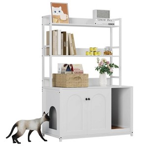 Cat Litter Box Enclosure with 2 Storage Shelves, Hidden Cat Furniture Cabinet with Double Doors, Scratch Pad, Indoor Cat House & Bookshelf Design - 1 of 4