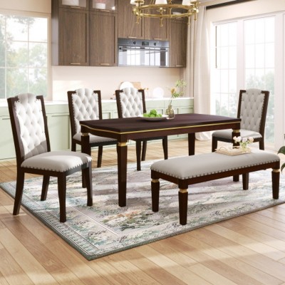 6-Piece Modern Dining Set with 60" Table, 4 Tufted High-Back Chairs & 1 Upholstered Bench, Wood Kitchen Table Set for Dining Room-Maison Boucle