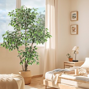 6 FT Ficus Tree Artificial with Tall White Planter, Fake Ficus Tree with 3 Natural Trunks & White-Edged Leaves, Tall Faux Floor Plant for Home Decor - 1 of 4