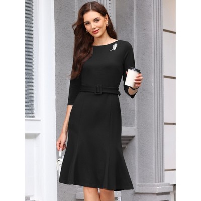 Женские платья INSPIRE CHIC Women's Brooch Decor 3/4 Sleeve Boat Neck Funeral Sheath Midi Dress with Belt Black Medium — фото 3