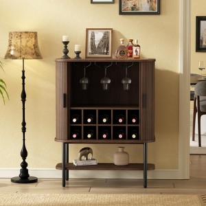 Coffee Bar Cabinet with Sliding Doors, Glass Holder & Wine Rack, Buffet Sideboard Liquor Cabinet - 1 of 4