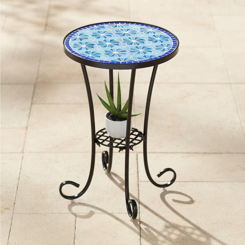Teal Island Designs Modern Black Round Outdoor Accent Side Table 14" Wide Blue Star Mosaic Tabletop for Front Porch Patio Home House, 2 of 9