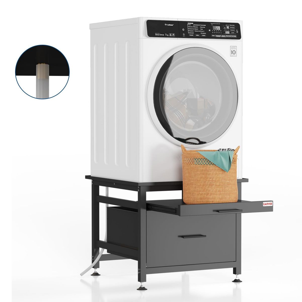 Heavy Duty Metal Washer and Dryer Pedestal Stand - Pullout Shelf & Storage Drawer, Global Anti-Vibration Riser, Adjustable Feet, 850 lbs
