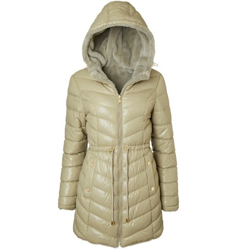 Sportoli Womens Winter Coat Reversible Faux Fur Lined Quilted Puffer Jacket  - Sage - Small